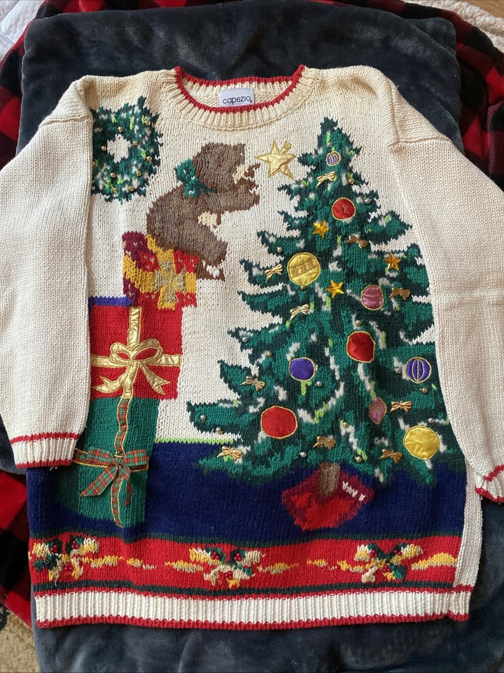 Capezio Heavy Embroidered Bears Christmas Sweater Sz L Vintage 80's